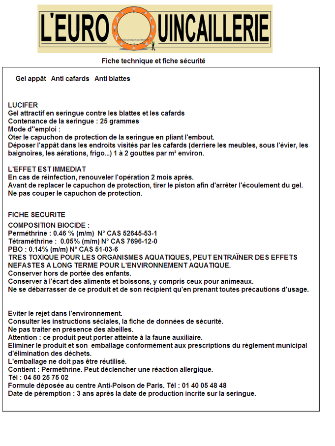 Fiche technique fiche de securité lucifer anti cafard